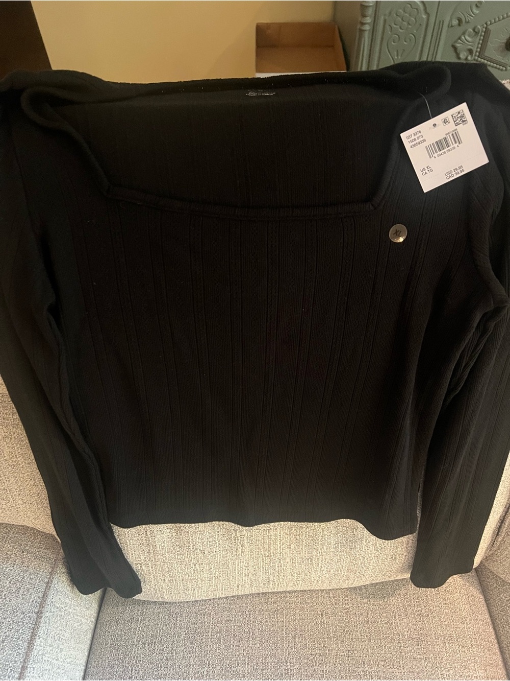 American Eagle Black XL Ribbed Long Sleeve Top with Square Neckline